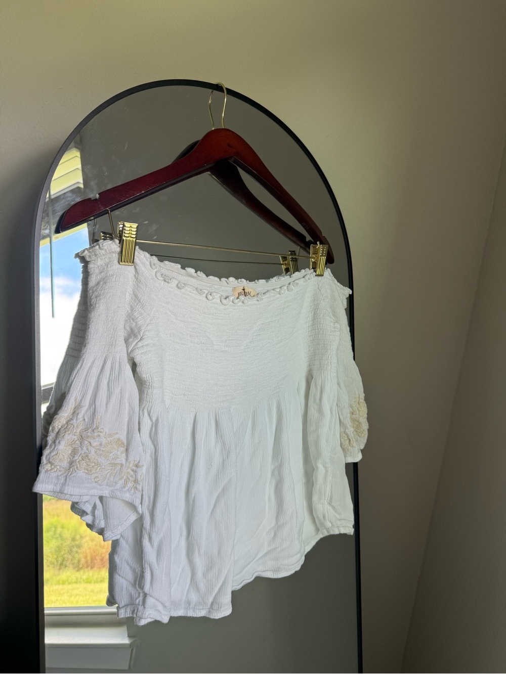 hollister white smocked off the shoulder top